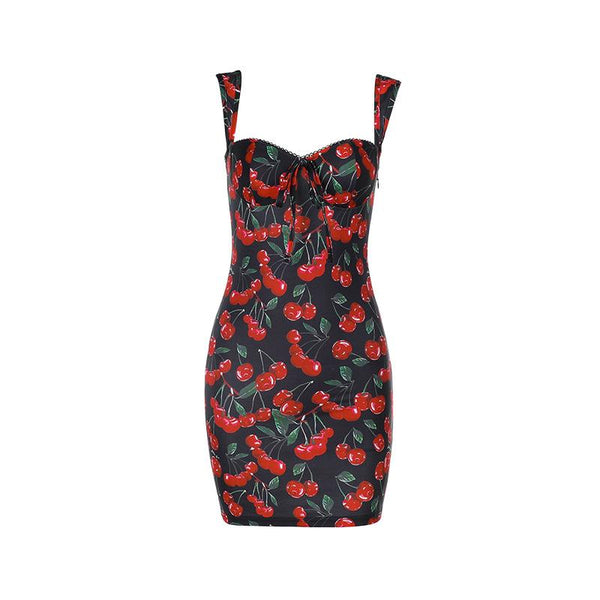 V neck cherry print backless mini dress