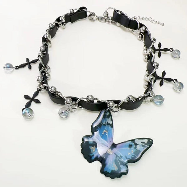Butterfly PU leather beaded cross choker necklace