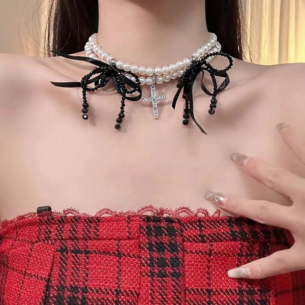 Faux pearl cross beaded bowknot choker necklace