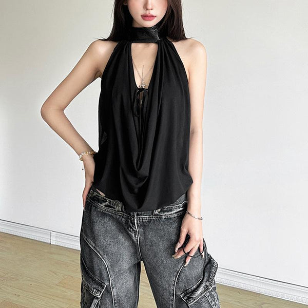 Halter button self tie backless cowl neck solid top