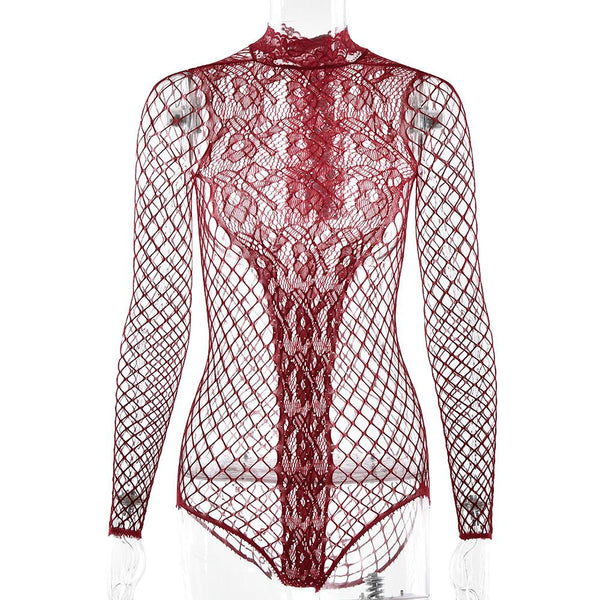 Crewneck long sleeve fishnet see through romper