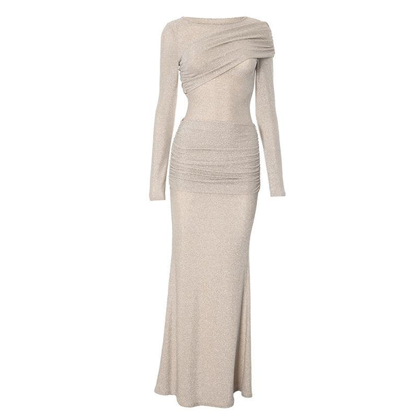 Long sleeve crewneck ruched glitter maxi dress