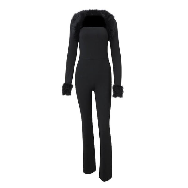 Long sleeve fluffy shrug 2 piece tube jumpsuit