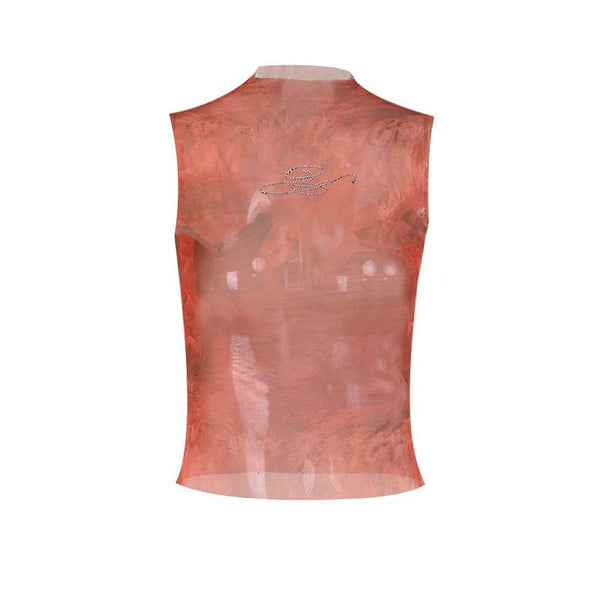 Sheer mesh beaded print crewneck sleeveless top