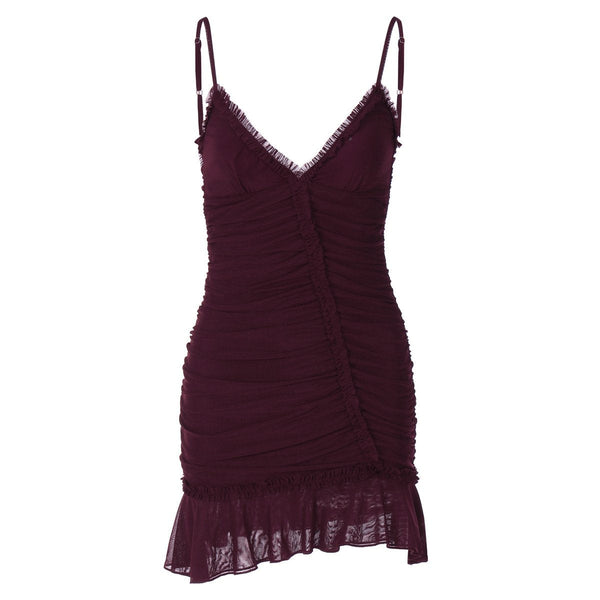 V neck ruched ruffle cami mini dress