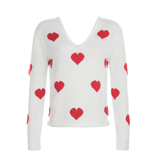 Long sleeve v neck sweetheart pattern knitted top