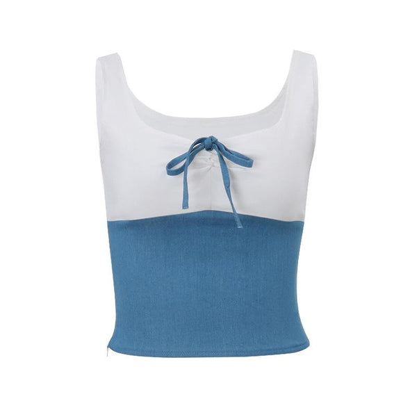 Denim ruched bowknot zip-up tank top