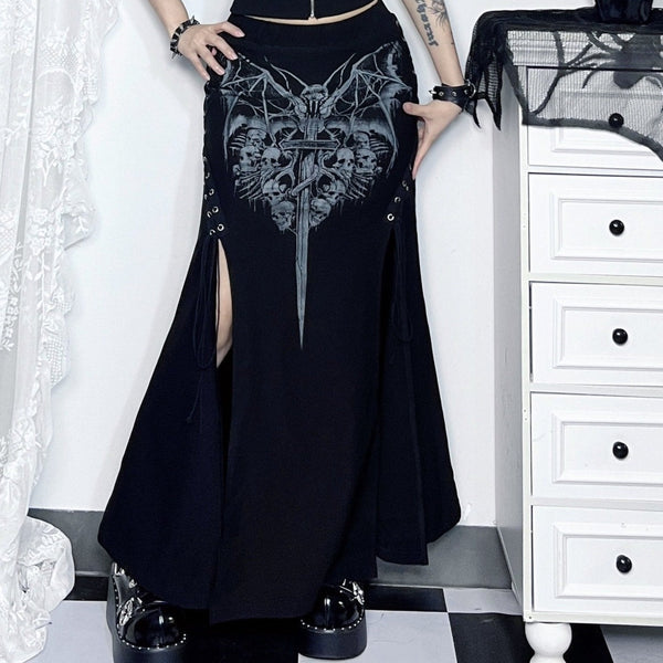 High slit lace up bat print maxi skirt