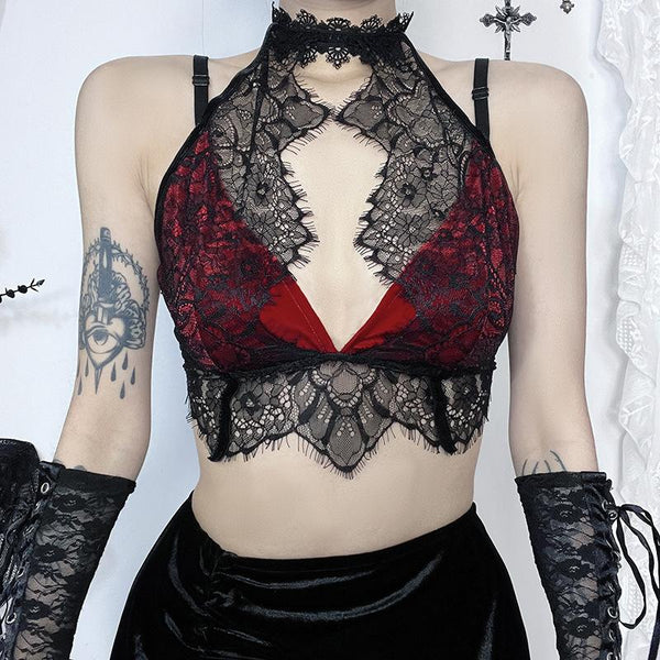 Halter lace patchwork lace up crop top