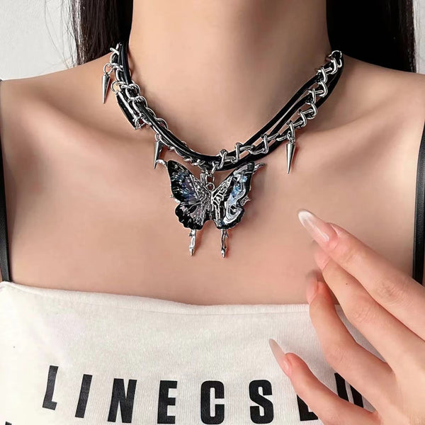 Black butterfly pendant rivet choker necklace
