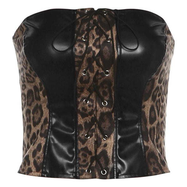 Leopard print lace up PU leather patchwork tube top