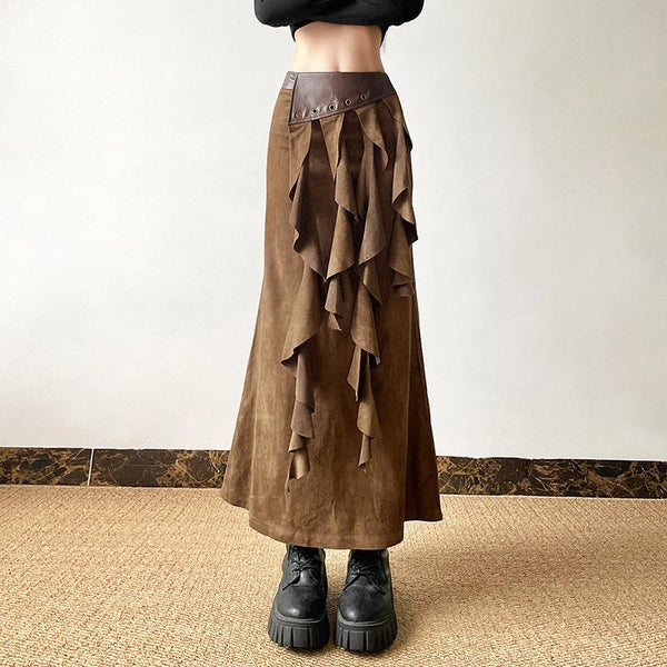 Zip-up ruffle irregular PU leather midi skirt