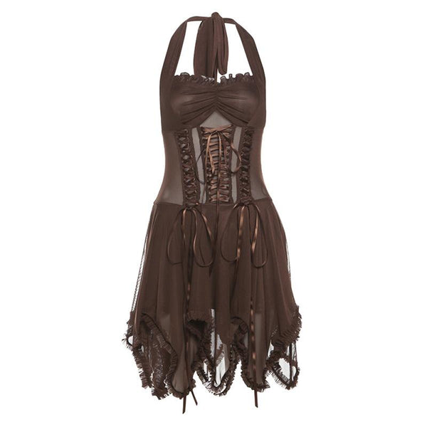 Halter lace up ruffle ruched mesh mini dress