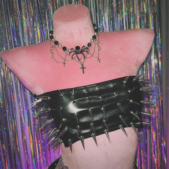Lace up metal chain rivet applique PU leather top