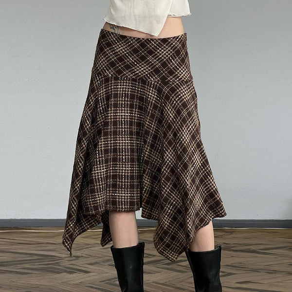 Plaid irregular zip-up contrast midi skirt