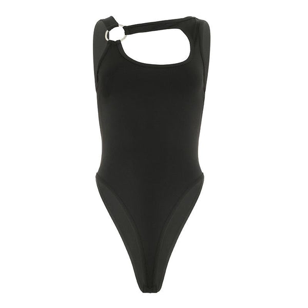 Hollow out o ring button irregular solid bodysuit