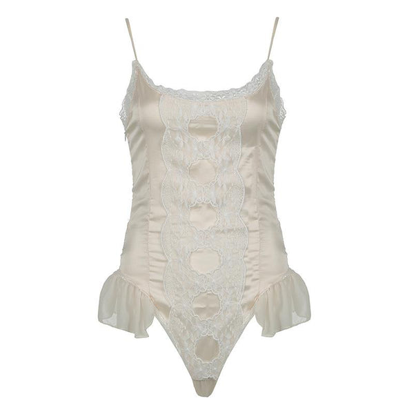 Lace patchwork satin ruffle cami bodysuit