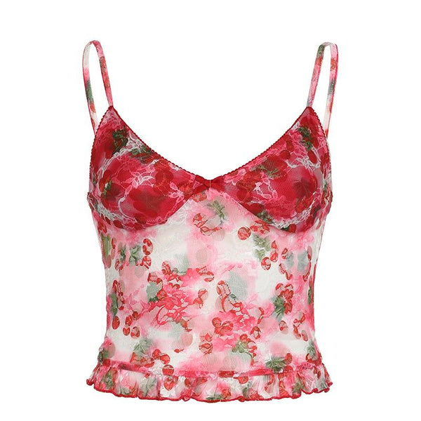 V neck flower print lace see through cami top