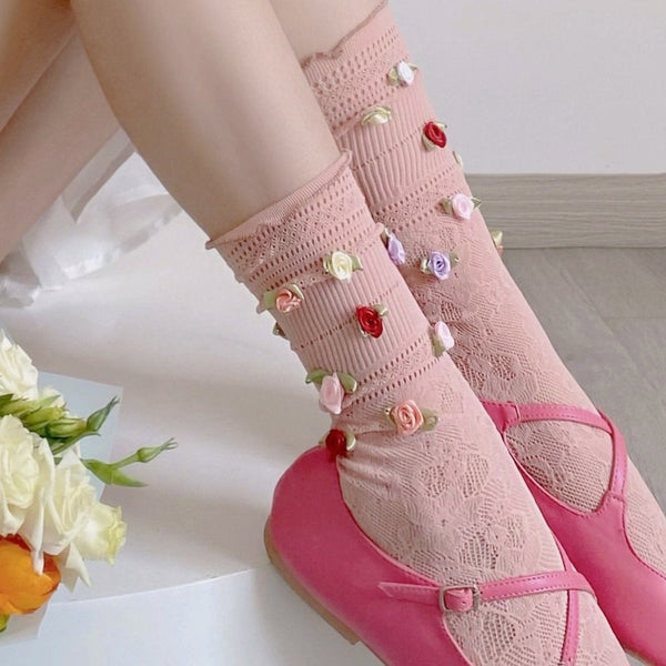 Flower applique ruffle lace socks