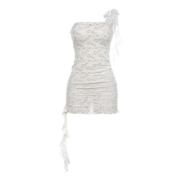 Lace see through one shoulder ruffle knotted ruched mini dress