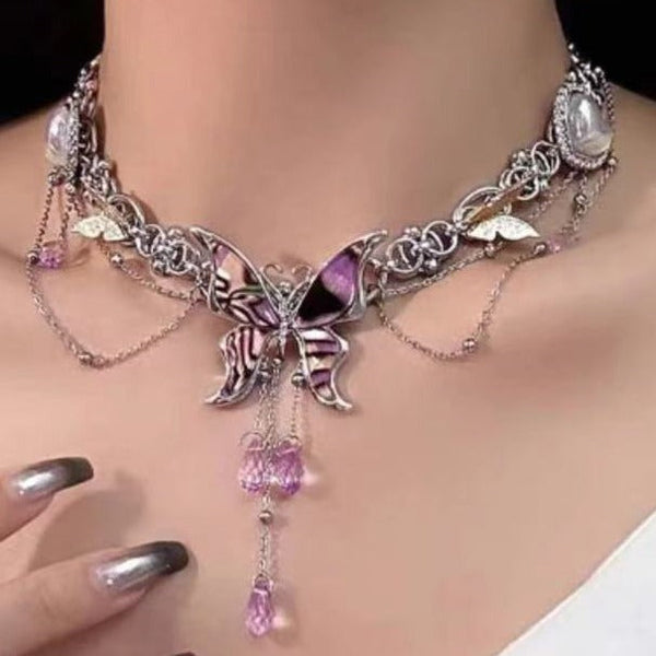 Butterfly pendant beaded heart choker necklace