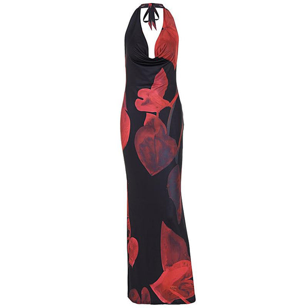 Halter cowl neck backless print maxi dress