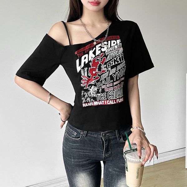 Irregular short sleeve hollow out letter print top