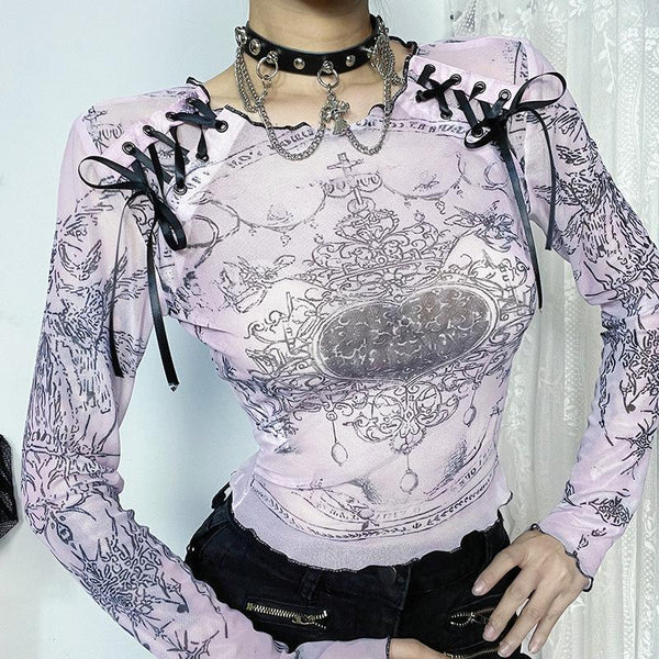 Long sleeve abstract print lace up mesh top