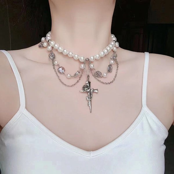 Rose cross pendant faux pearl choker necklace