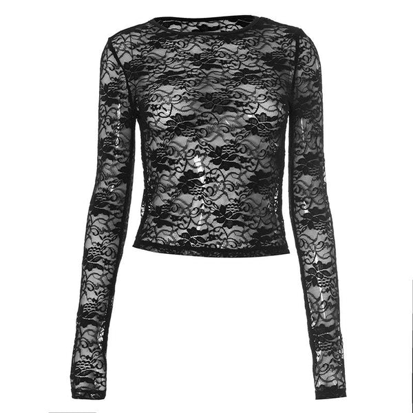 Long sleeve crewneck lace see through solid top