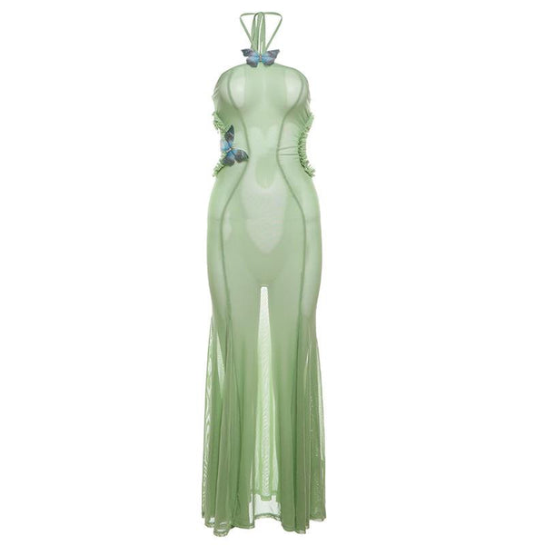 Halter sheer mesh butterfly applique backless maxi dress