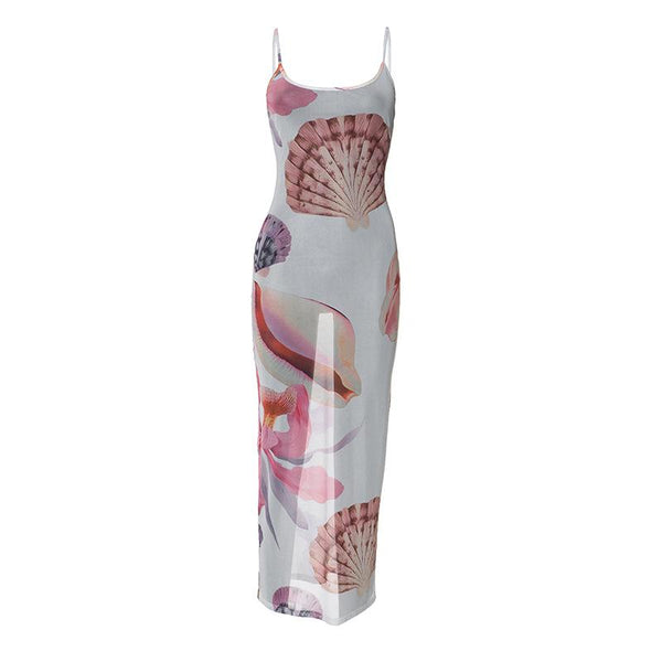 Sheer mesh flower print cami maxi dress