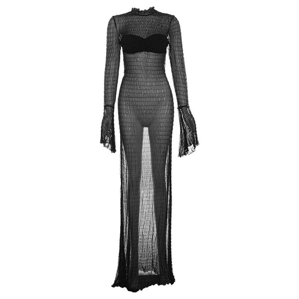 Long flared sleeve textured see through maxi dress