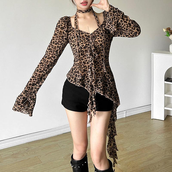 Long flared sleeve irregular leopard print v neck top