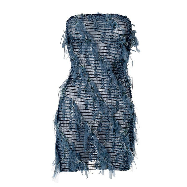 Vestido corto de tubo con costuras texturizadas de malla transparente 