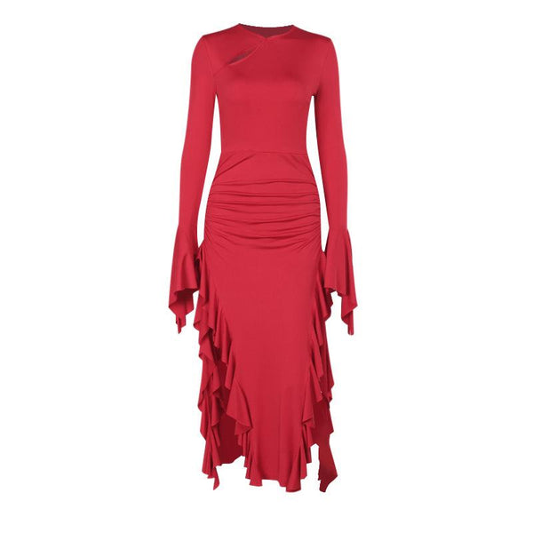 Long sleeve ruffle slit ruched zip-up maxi dress