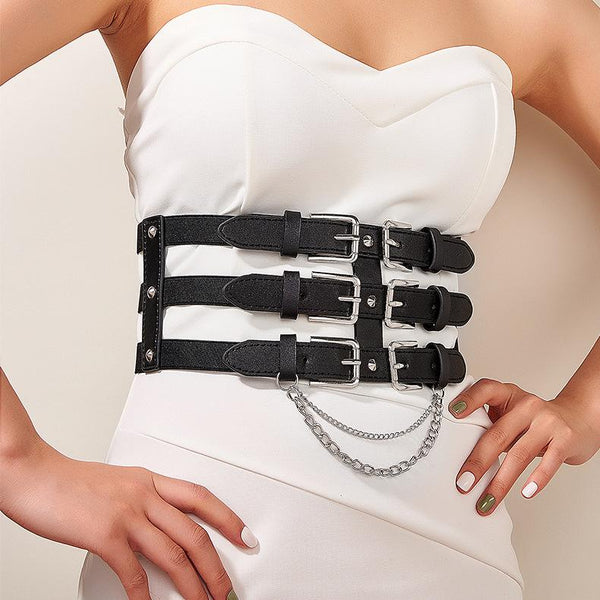 Layered metal chain buckle corset
