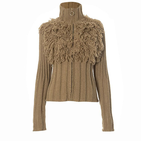 Long sleeve high neck zip-up ribbed knitted top