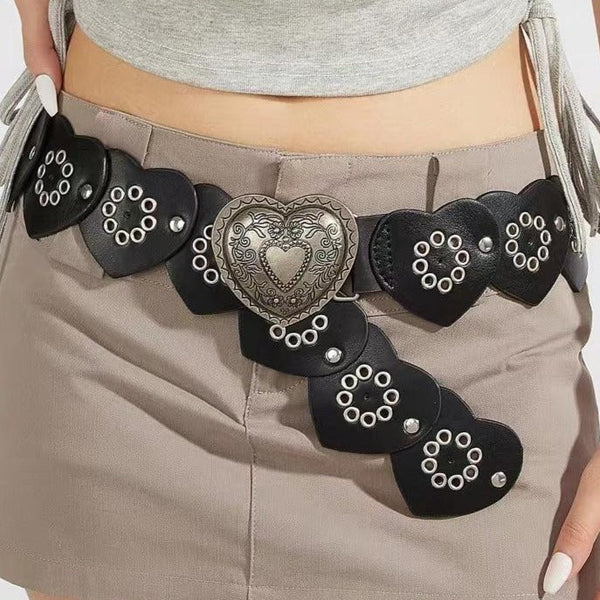 Heart hollow out patchwork PU leather belt