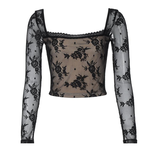 Long sleeve square neck lace patchwork top