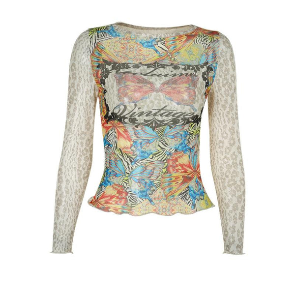 Long sleeve crewneck sheer mesh butterfly print top