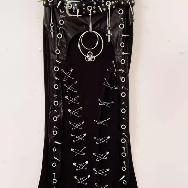 O ring rivet applique PU leather solid maxi skirt