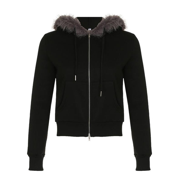 Hoodie long sleeve fluffy zip-up coat top