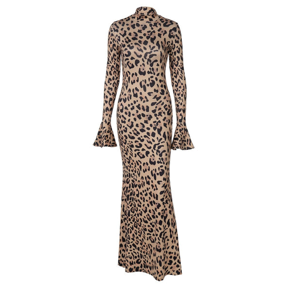 Long flared sleeve leopard print high neck maxi dress