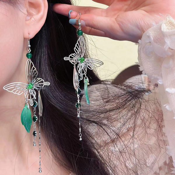 Butterfly pendant green rhinestone drop earrings