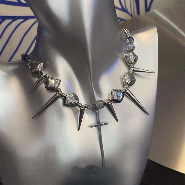 Silver cross rivet metal chain choker necklace