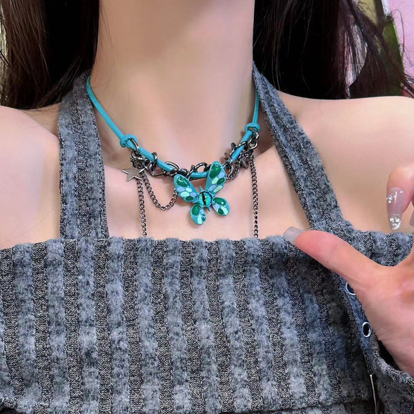 Metal chain green butterfly decor choker necklace