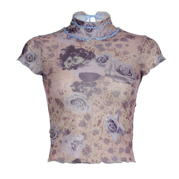 Short sleeve high neck print mesh knotted top