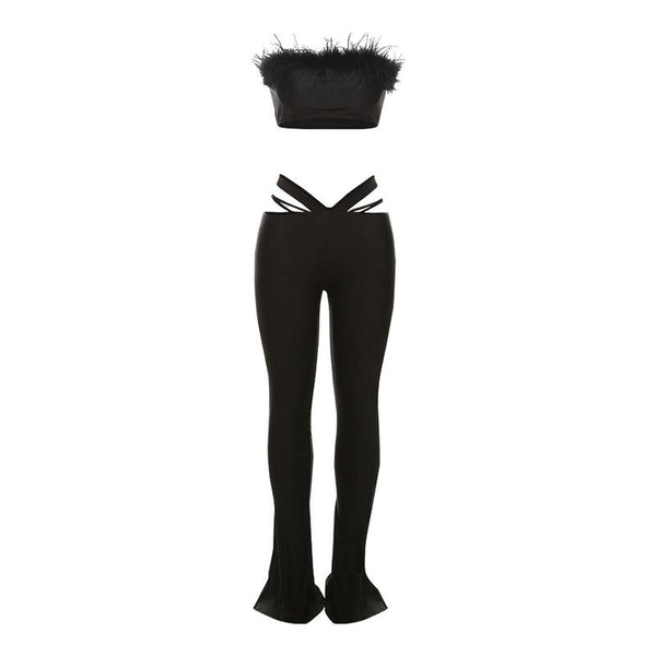 Feather hollow out low rise solid tube pant set