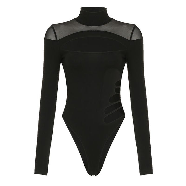 High neck long sleeve mesh hollow out bodysuit